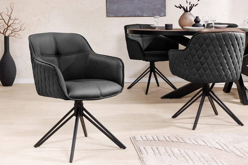 Lot de 2x chaises design pivotante EUPHORIA en cuir véritable noir, structure en métal avec accoudoirs