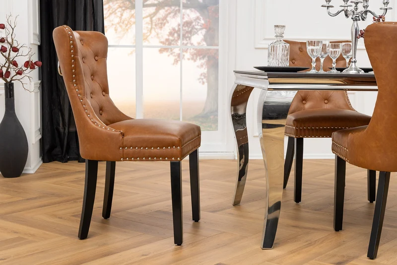 Lot de 2x chaises Chesterfield CASTLE en similicuir noir et bois massif avec poignée confort