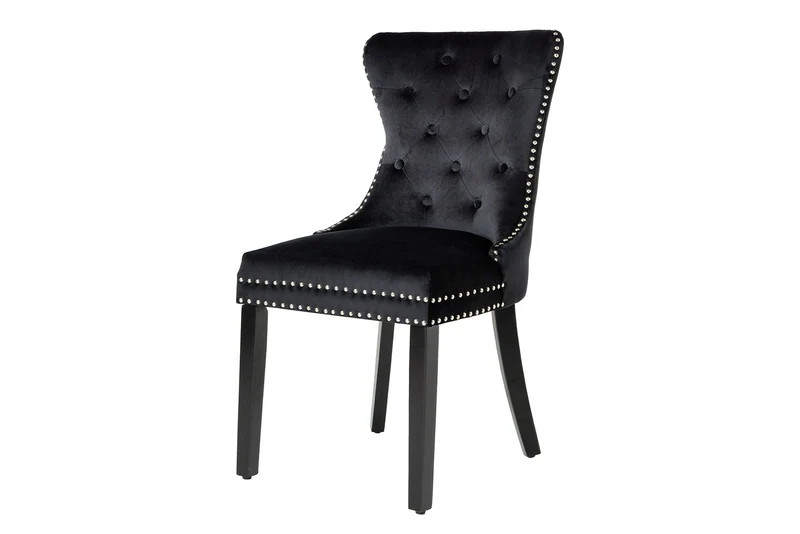 Lot de 2x chaises Chesterfield CASTLE velours noir bois massif rivets décoratifs avec poignée confort