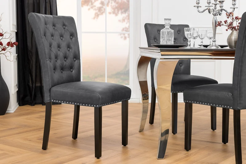 Lot de 2x chaises Chesterfield CASTLE simili cuir noir rivets décoratifs en bois d'hévéa