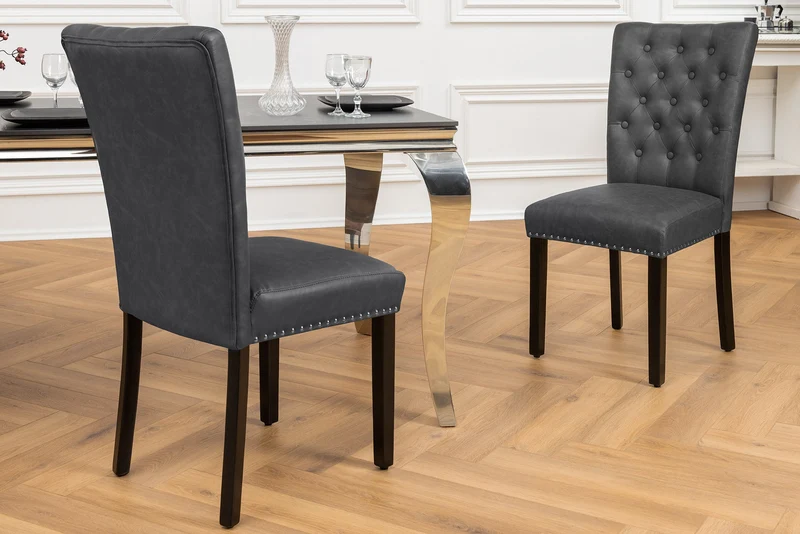 Lot de 2x chaises Chesterfield CASTLE simili cuir noir rivets décoratifs en bois d'hévéa