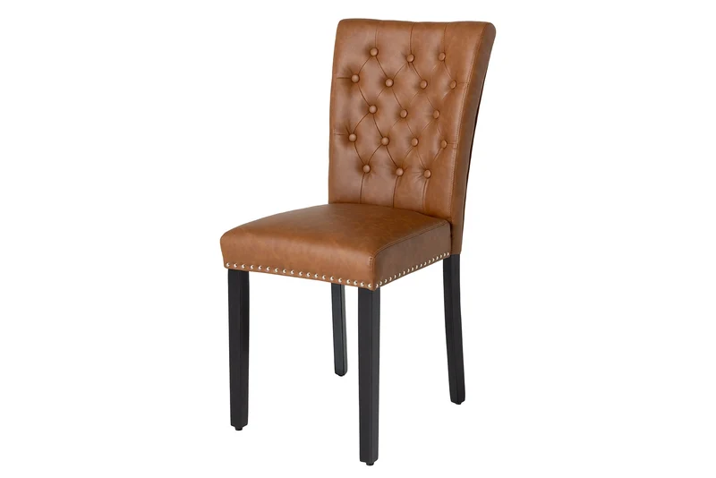 Lot de 2x chaises Chesterfield CASTLE en similicuir marron et bois d'hévéa noir avec rivets décoratifs