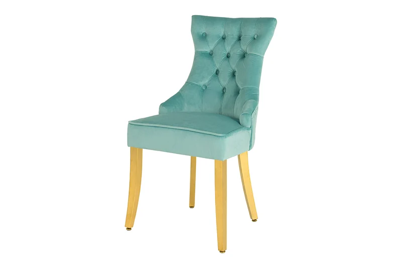 Lot de 2x chaises Chesterfield CASTLE velours bleu pieds en acier inoxydable doré avec poignée confort