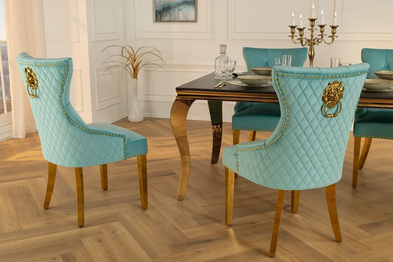 Lot de 2x chaises baroque CASTLE DELUXE velours bleu acier inoxydable doré avec tête de lion Chesterfield