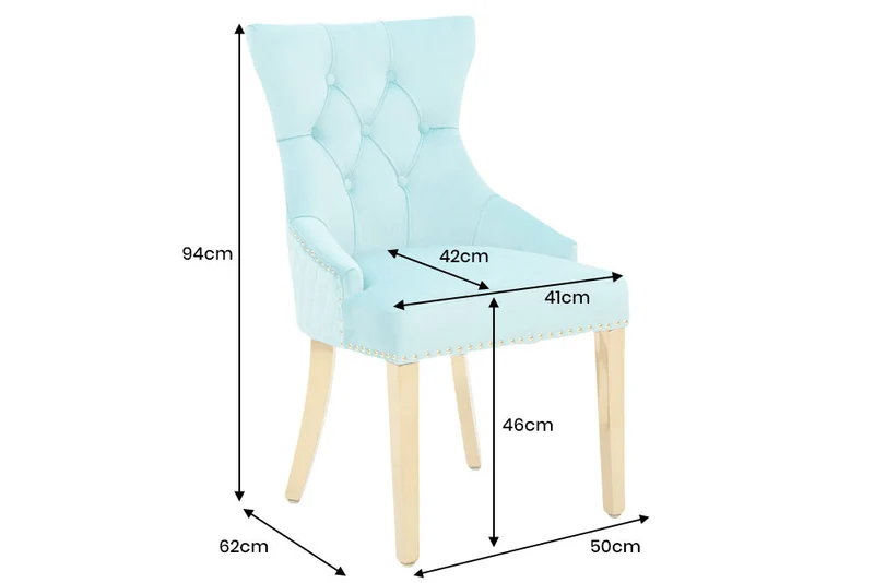 Lot de 2x chaises baroque CASTLE DELUXE velours bleu acier inoxydable doré avec tête de lion Chesterfield