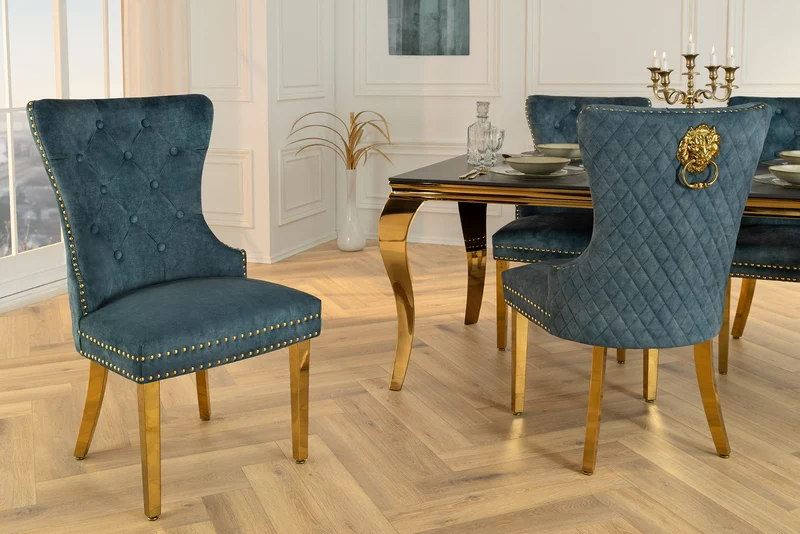Lot de 2x chaises baroque CASTLE DELUXE velours bleu acier inoxydable doré avec tête de lion Chesterfield