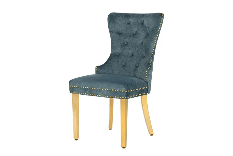 Lot de 2x chaises baroque CASTLE DELUXE velours bleu acier inoxydable doré avec tête de lion Chesterfield