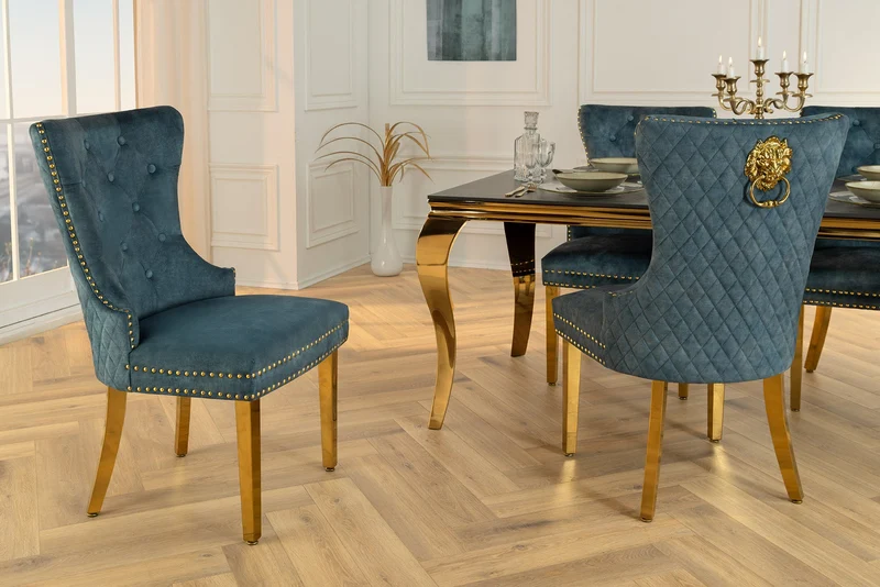 Lot de 2x chaises baroque CASTLE DELUXE velours bleu acier inoxydable doré avec tête de lion Chesterfield