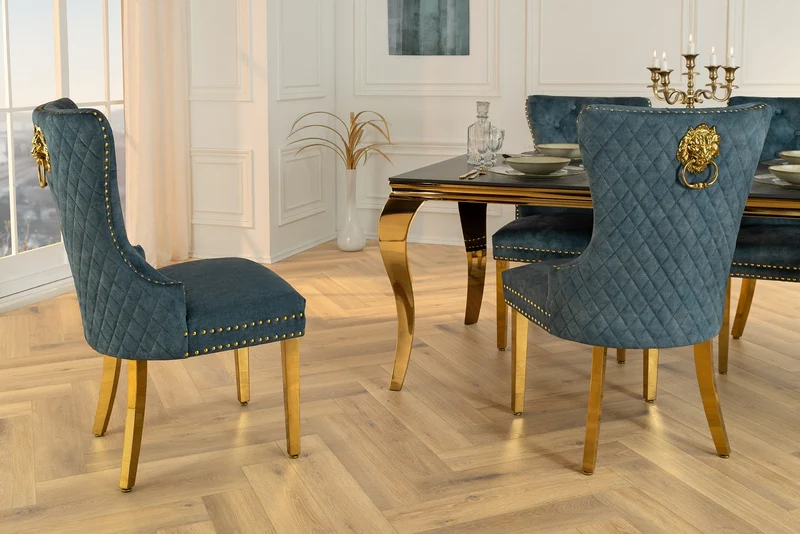 Lot de 2x chaises baroque CASTLE DELUXE velours bleu acier inoxydable doré avec tête de lion Chesterfield
