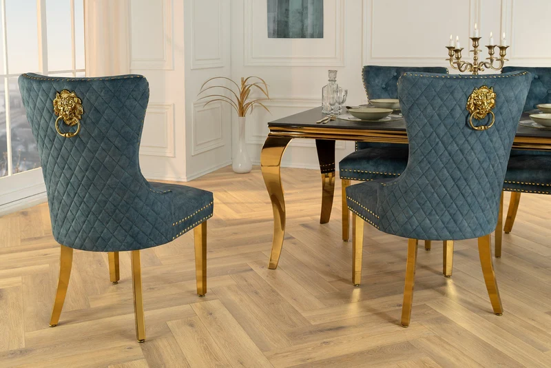 Lot de 2x chaises baroque CASTLE DELUXE velours bleu acier inoxydable doré avec tête de lion Chesterfield