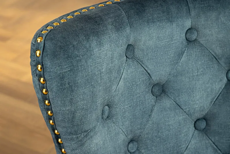 Lot de 2x chaises baroque CASTLE DELUXE velours bleu acier inoxydable doré avec tête de lion Chesterfield