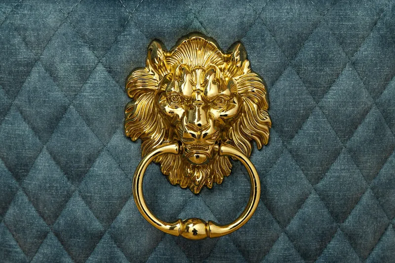 Lot de 2x chaises baroque CASTLE DELUXE velours bleu acier inoxydable doré avec tête de lion Chesterfield