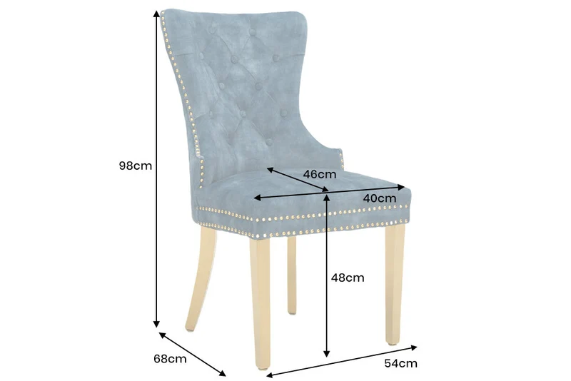 Lot de 2x chaises baroque CASTLE DELUXE velours bleu acier inoxydable doré avec tête de lion Chesterfield