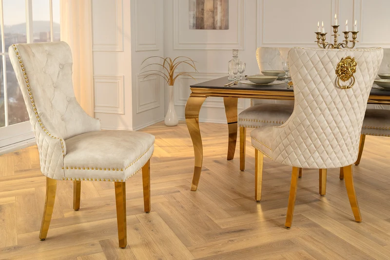 Lot de 2x chaises baroque CASTLE DELUXE velours beige acier inoxydable doré avec rivets décoratifs tête de lion