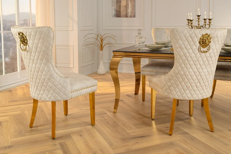 Lot de 2x chaises baroque CASTLE DELUXE velours beige acier inoxydable doré avec rivets décoratifs tête de lion
