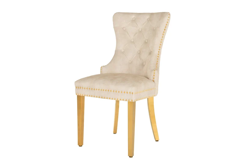 Lot de 2x chaises baroque CASTLE DELUXE velours beige acier inoxydable doré avec rivets décoratifs tête de lion