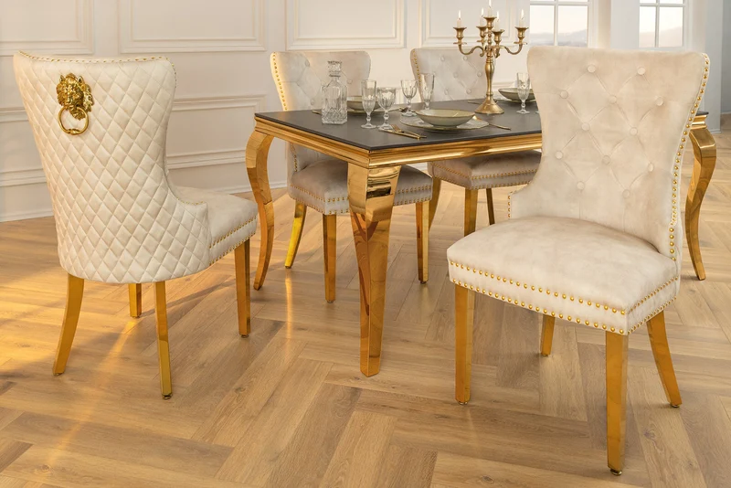 Lot de 2x chaises baroque CASTLE DELUXE velours beige acier inoxydable doré avec rivets décoratifs tête de lion