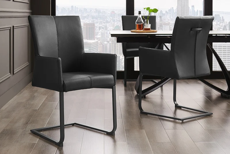 Lot de 2x chaises cantilever moderne SAMSON en cuir véritable noir avec cadre en métal et poignée confortable
