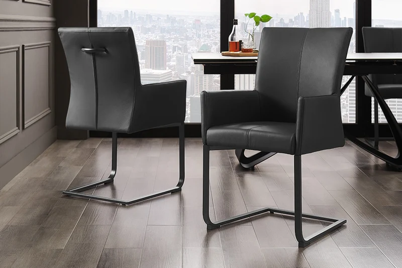 Lot de 2x chaises cantilever moderne SAMSON en cuir véritable noir avec cadre en métal et poignée confortable
