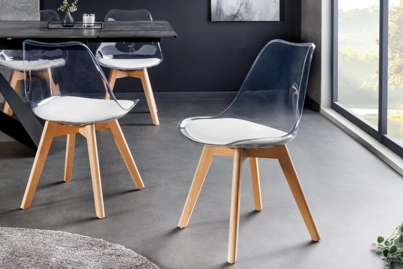 Lot de 2x chaises design SCANDINAVIA MEISTERSTÜCK en plastique blanc transparent et bois de hêtre naturel