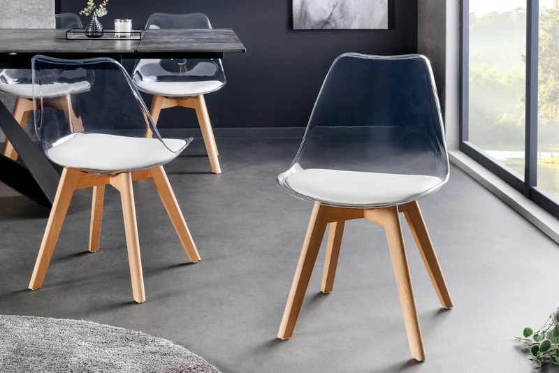 Lot de 2x chaises design SCANDINAVIA MEISTERSTÜCK en plastique blanc transparent et bois de hêtre naturel
