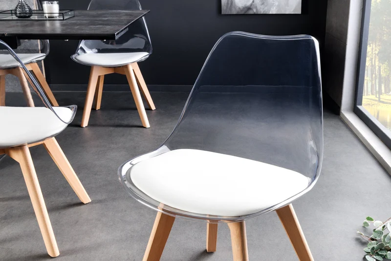 Lot de 2x chaises design SCANDINAVIA MEISTERSTÜCK en plastique blanc transparent et bois de hêtre naturel