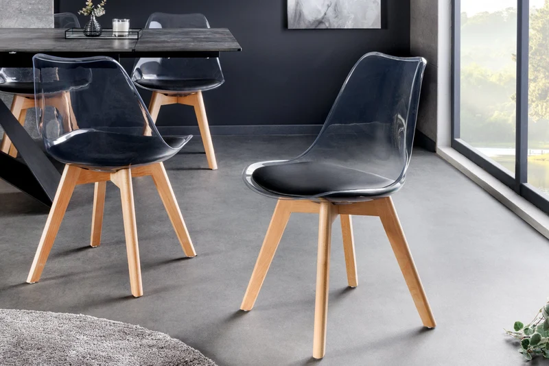 Lot de 2x chaises design SCANDINAVIA MEISTERSTÜCK en plastique noir transparent et bois de hêtre naturel