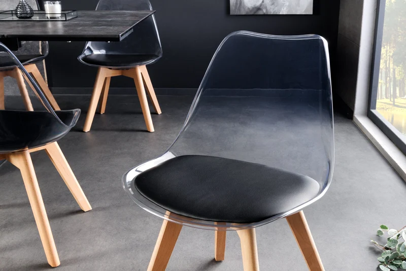 Lot de 2x chaises design SCANDINAVIA MEISTERSTÜCK en plastique noir transparent et bois de hêtre naturel