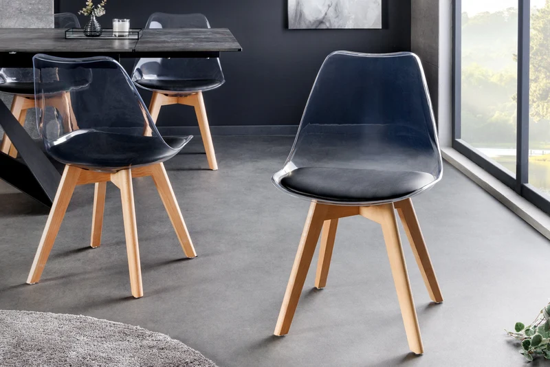 Lot de 2x chaises design SCANDINAVIA MEISTERSTÜCK en plastique noir transparent et bois de hêtre naturel