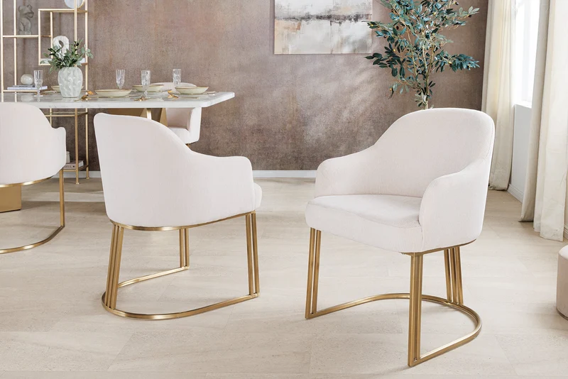 Lot de 2x chaises avec accoudoirs EXTRAVAGANCIA beige cordon métal brossé champagne or