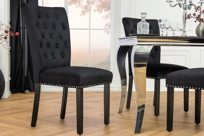 Lot de 2x chaises Chesterfield CASTLE velours noir rivets décoratifs en bois d'hévéa