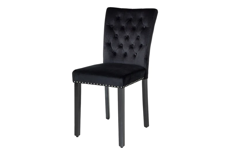 Lot de 2x chaises Chesterfield CASTLE velours noir rivets décoratifs en bois d'hévéa