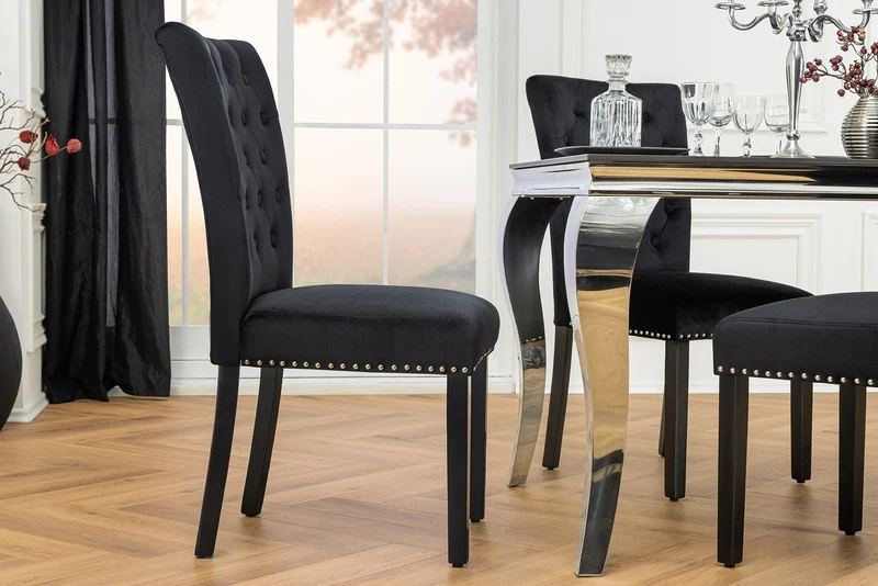 Lot de 2x chaises Chesterfield CASTLE velours noir rivets décoratifs en bois d'hévéa