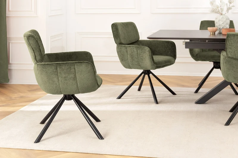 Lot de 2x chaises pivotante rétro UNIQUE chenille verte pieds en métal noir avec accoudoirs