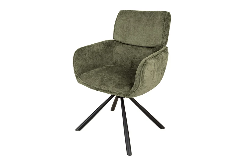 Lot de 2x chaises pivotante rétro UNIQUE chenille verte pieds en métal noir avec accoudoirs