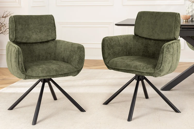 Lot de 2x chaises pivotante rétro UNIQUE chenille verte pieds en métal noir avec accoudoirs