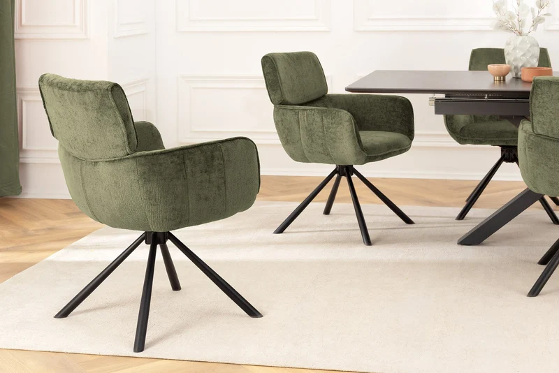Lot de 2x chaises pivotante rétro UNIQUE chenille verte pieds en métal noir avec accoudoirs
