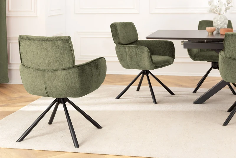 Lot de 2x chaises pivotante rétro UNIQUE chenille verte pieds en métal noir avec accoudoirs