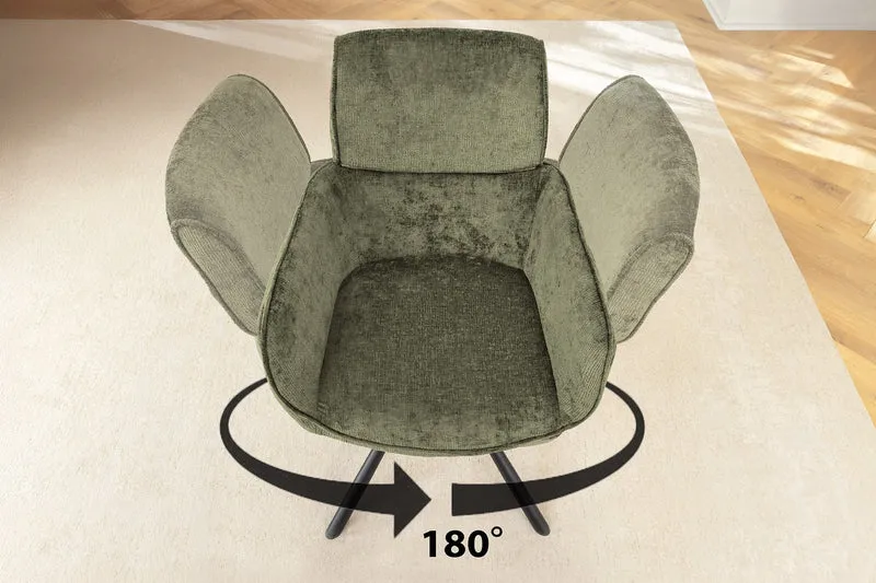 Lot de 2x chaises pivotante rétro UNIQUE chenille verte pieds en métal noir avec accoudoirs