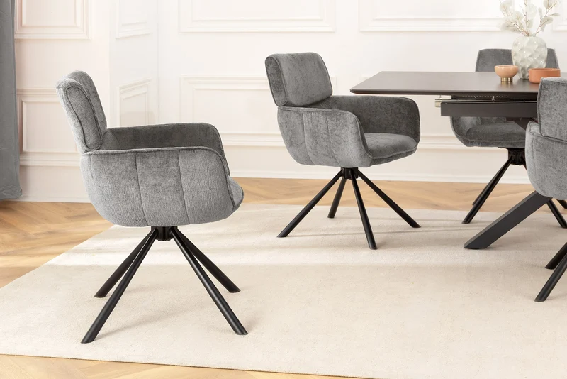 Lot de 2x chaises pivotante rétro UNIQUE chenille grise structure en métal noir avec accoudoirs