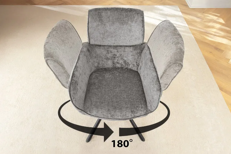Lot de 2x chaises pivotante rétro UNIQUE chenille grise structure en métal noir avec accoudoirs