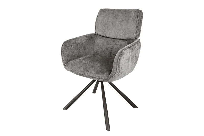Lot de 2x chaises pivotante rétro UNIQUE chenille grise structure en métal noir avec accoudoirs