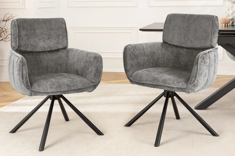 Lot de 2x chaises pivotante rétro UNIQUE chenille grise structure en métal noir avec accoudoirs