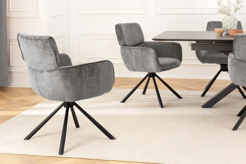 Lot de 2x chaises pivotante rétro UNIQUE chenille grise structure en métal noir avec accoudoirs