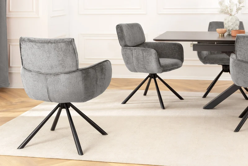Lot de 2x chaises pivotante rétro UNIQUE chenille grise structure en métal noir avec accoudoirs