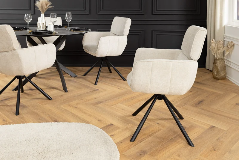 Lot de 2x chaises pivotante rétro UNIQUE pieds métal chenille beige champagne avec accoudoirs