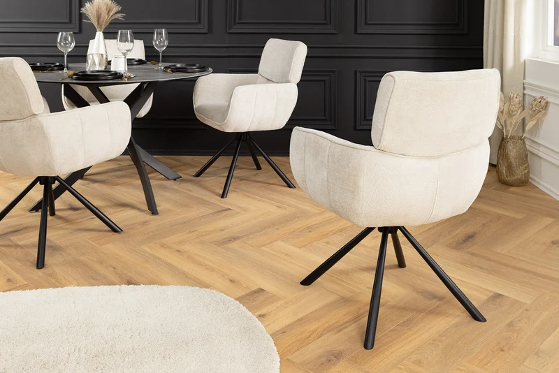 Lot de 2x chaises pivotante rétro UNIQUE pieds métal chenille beige champagne avec accoudoirs
