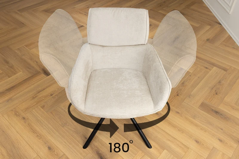 Lot de 2x chaises pivotante rétro UNIQUE pieds métal chenille beige champagne avec accoudoirs