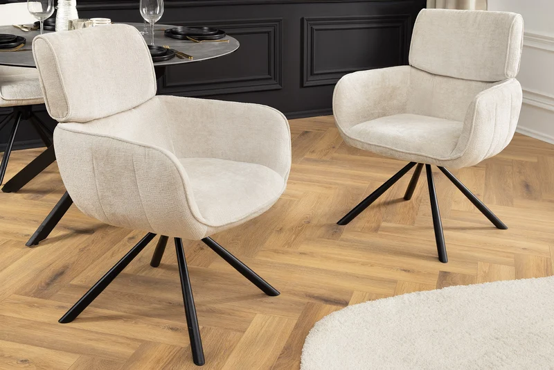 Lot de 2x chaises pivotante rétro UNIQUE pieds métal chenille beige champagne avec accoudoirs