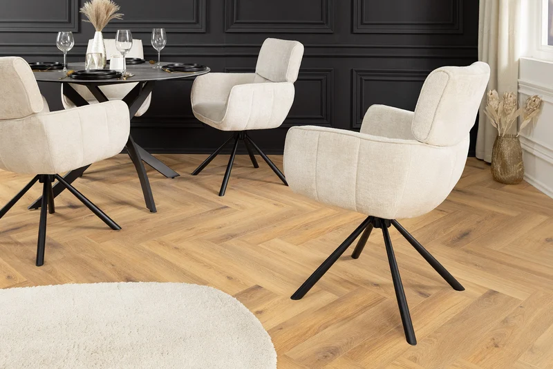 Lot de 2x chaises pivotante rétro UNIQUE pieds métal chenille beige champagne avec accoudoirs